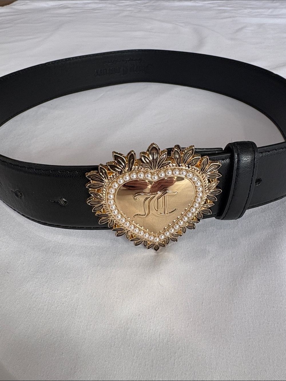 Juicy Couture Black Belt with Gold Heart Pearl Buckle